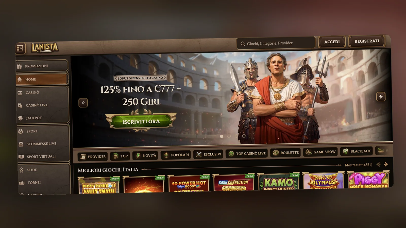 Lanista: la pagina iniziale e il banner del bonus
