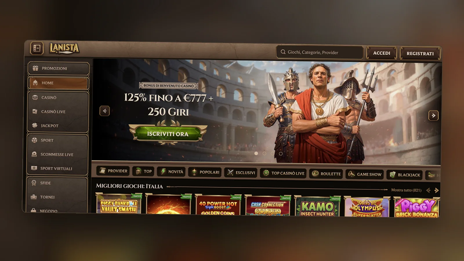Lanista: la pagina iniziale e il banner del bonus
